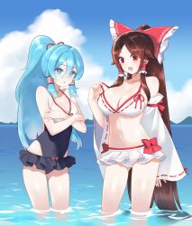 2girls absurdly_long_hair alternate_costume beikeice bikini bikini_tug blue_eyes blue_hair bow breasts brown_hair cleavage crossed_arms detached_sleeves foul_detective_satori frilled_bow frilled_hair_tubes frills gensokyo&#039;s_first_hakurei_miko hair_bow hair_tubes highres huge_bow japanese_clothes large_breasts long_hair long_sleeves medium_breasts miko miyadeguchi_mizuchi miyadeguchi_mizuchi_(human) multiple_girls navel one-piece_swimsuit ponytail red_bow red_eyes ribbon-trimmed_sleeves ribbon_trim sweatdrop swimsuit thighs touhou very_long_hair wading wide_sleeves