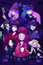 6+girls @_@ absurdres addams_family ahoge animal_ears annabelle_(nightmares_&amp;_fairy_tales) artist_name bat_(animal) beetlejuice black_bow black_eyes black_gloves black_sclera black_shirt blonde_hair blue_bow blue_eyes blue_hair blush blush_stickers bow braid breasts brown_hair bug candy cat cat_ears cat_tail child choker collar collarbone colored_sclera crop_top crossover doll doom_kitty dress drooling eating elbow_gloves english_text eyes_visible_through_hair fangs female_focus fingerless_gloves food gloves goth_fashion gruftine hair_bow hair_ornament hair_over_one_eye hair_tie hairband half-closed_eyes hand_up hands_up happy hat hex_maniac_(pokemon) highres holding holding_knife key knife lenore lenore_lynchfast lenore_the_cute_little_dead_girl little_witch_academia lollipop long_hair long_sleeves looking_at_viewer lydia_deetz medium_breasts multicolored_hair multiple_crossover multiple_girls mushroom navel nightmares_&amp;_fairy_tales nintendo npc_trainer open_mouth orange_sclera panty_&amp;_stocking_with_garterbelt pink_hair pointy_ears poke_ball pokemon pokemon_xy ponytail princess_misery puffy_sleeves purple_background purple_dress purple_footwear purple_hair purple_hairband purple_hat red_eyes red_hair red_skirt saliva school_for_vampires see-through_clothes sharp_teeth shirt shoes short_hair simple_background skirt skull_hair_ornament sleeves_past_wrists small_breasts smile spider standing stocking_(psg) sucy_manbavaran tail teeth text_focus tongue tongue_out trait_connection turtleneck twin_braids twintails two-tone_hair weapon wednesday_addams white_bow witch witch_hat