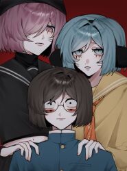 Rule 34 | 1boy, 2girls, black serafuku, blue eyes, bob cut, brown hair, colored sclera, cropped shirt, drawn whiskers, dream luther, e sora 0 0, extra eyes, gakuran, genderswap, genderswap (mtf), glasses, hair over one eye, hands on another&#039;s shoulders, highres, long sleeves, luther von ivory, multiple girls, nyen (randal&#039;s friends), nyon (randal&#039;s friends), pink eyes, randal&#039;s friends, red background, red sclera, round eyewear, school uniform, serafuku, short hair, yellow serafuku