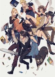 234_(1234!) absurdres angelo_(ff8) annoyed arm_up belt black_footwear black_hair black_jacket black_shirt black_skirt blonde_hair blue_coat blue_pants bone boots border_collie breast_zipper brown_footwear brown_hair card chain chain_necklace chaps coat collie_(dog) cowboy_hat cropped_jacket detached_sleeves dog eating everyone facial_mark final_fantasy final_fantasy_viii food fur_trim gunblade hair_bun hand_on_another&#039;s_head hat headpat high_collar highres holding holding_card holding_food holding_nunchaku holding_removed_eyewear holding_sword holding_weapon irvine_kinneas jacket jewelry jumpsuit laguna_loire long_coat magazine_(object) medium_hair necklace nunchaku open_mouth orange_shirt orange_skirt outstretched_arm pants pectorals pencil_skirt pointing pointing_at_viewer pointing_up quistis_trepe red_pants rinoa_heartilly ruffling_hair sandwich selphie_tilmitt sheet_music shirt shoes short_hair short_jumpsuit simple_background skirt smile spiked_hair squall_leonhart sword tattoo tribal_tattoo unworn_eyewear wavy_hair weapon white_shirt yellow_jumpsuit zell_dincht zipper