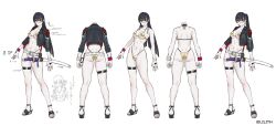 1girl absurdres armlet belt bikini black_hair cropped_jacket full_body gold_bikini high_ponytail highleg highleg_bikini highres jacket jewelry jigokumaru_akira long_hair multiple_views open_clothes open_jacket ponytail reference_sheet sandals scar scar_on_face simple_background swimsuit sword taimanin_(series) taimanin_rpgx weapon white_background yuuji_(and)