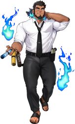 1boy arm_behind_head bara belt black_hair black_necktie black_sandals blue_fire collared_shirt dress_pants facial_hair fire full_body holding holding_scroll light_smile male_focus muscular muscular_male necktie official_art parted_lips ponytail sandals sandayu_(housamo) scar scar_on_face scroll shirt solo spiked_hair tarutoru thick_eyebrows tokyo_houkago_summoners transparent_background white_shirt