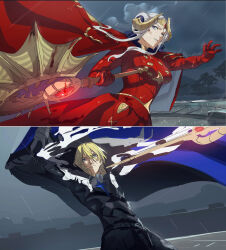 1boy 1girl areadbhar_(fire_emblem) arms_up axe aymr_(fire_emblem) battle_axe black_suit blonde_hair blood blood_on_face blue_cape blue_eyes bodysuit cape closed_mouth cloud cloudy_sky collared_cape commentary_request dimitri_alexandre_blaiddyd dimitri_alexandre_blaiddyd_(timeskip) double_bun dress edelgard_von_hresvelg edelgard_von_hresvelg_(timeskip) fake_horns fire_emblem fire_emblem:_three_houses formal_clothes fur-trimmed_cape fur_trim grey_background grey_sky hair_between_eyes hair_bun headpiece high_collar highres holding holding_axe holding_polearm holding_weapon horns leaning_back leaning_to_the_side looking_at_viewer messy_hair nakmini nintendo outdoors parted_lips polearm purple_eyes rain red_cape red_dress shade short_hair sky standing storm suit weapon white_hair