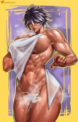 1girl abs biceps black_hair blind_eye blue_eyes borrowed_character bottomless breasts closed_mouth commentary commission dark-skinned_female dark_skin english_commentary female_pubic_hair gradient_hair grey_hair hand_on_own_chest heterochromia highres large_breasts looking_down multicolored_hair muscular muscular_female naked_towel navel original outline partially_blind pubic_hair purple_background red_nails scar scar_across_eye scar_on_face short_hair solo standing steam sweat thick_thighs thighs towel trachynbryda_(newosanwastaken) twitter_username two-tone_background virgoart yellow_background yellow_outline