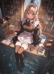 1girl apron black_dress black_thighhighs blonde_hair blush bow closed_mouth cutlass_(classic_chocolate) dress green_eyes hair_between_eyes hairband highres library long_hair looking_at_viewer maid maid_apron maid_headdress original red_bow sidelocks sitting smile solo thighhighs white_apron white_hairband zettai_ryouiki