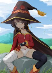 1girl artist_name asymmetrical_legwear bandaged_leg bandages black_cape black_gloves black_hair black_thighhighs blue_sky blunt_ends blush boots bow bow_panties brown_boots brown_hair cape clothes_lift cloud cloudy_sky collarbone commentary_request crotch_seam day dress dress_lift embarrassed feet_out_of_frame field fingerless_gloves gloves grass hat highres hill kono_subarashii_sekai_ni_shukufuku_wo! lifting_own_clothes loli long_sidelocks long_sleeves megumin nose_blush off-shoulder_dress off_shoulder on_rock open_mouth outdoors panties picot_trim_panties red_dress short_dress short_hair_with_long_locks sidelocks sideways_glance sirokohi sitting sky solo spread_legs thighhighs thighs underwear variant_set white_panties wispy_bangs witch_hat