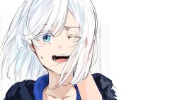 1girl 303_goushitsu_no_kamisama blue_eyes blush collarbone commentary_request floating_hair funi_mu9 kami-sama_(303_goushitsu_no_kamisama) looking_at_viewer medium_hair one_eye_closed open_mouth solo sweatdrop teeth upper_body white_background white_hair