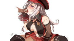1girl alisa_ilinichina_amiella bare_shoulders black_gloves black_shirt breasts brown_hair censored collared_shirt commentary_request covered_erect_nipples disembodied_penis fellatio fingerless_gloves gloves god_eater hat implied_masturbation large_breasts long_hair mosaic_censoring navel newsboy_cap oral penis plaid_hat purple_eyes red_hat red_skirt shirt simple_background skirt sleeveless sleeveless_shirt solo_focus suspender_skirt suspenders suspenders_slip toranpo_rintarou white_background