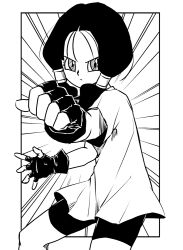 1girl bike_shorts black_hair clenched_hand closed_mouth dragon_ball dragonball_z fingerless_gloves gloves greyscale kotobukkii_(yt_lvlv) long_hair looking_at_viewer monochrome shirt solo twintails videl white_shirt
