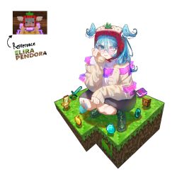 1girl absurdres aqua_eyes blue_hair cardigan character_name elira_pendora elira_pendora_(3rd_costume) full_body glasses hair_between_eyes hand_on_own_cheek hand_on_own_face head_wings heterochromia highres long_sleeves minecraft miuweter7 nijisanji nijisanji_en purple_eyes reference_inset single_off_shoulder skirt sleeves_past_wrists solo squatting strawberry_hat virtual_youtuber white_background wings