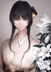 1girl black_eyes black_hair erise expressionless flower hair_ornament hair_up highres japanese_clothes kanzashi kimono looking_at_viewer original sidelocks solo upper_body white_flower