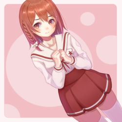 1girl blush bow braid clenched_hands collarbone commentary cowboy_shot dress_shirt dutch_angle furrowed_brow hair_between_eyes hair_bow hands_on_own_chest kanojo_okarishimasu long_hair looking_at_viewer looking_to_the_side neck_ribbon nervous outside_border pink_background pleated_skirt purea red_ribbon red_skirt ribbon sailor_collar sakurasawa_sumi school_uniform serafuku shirt side_braid skindentation skirt smile solo thighhighs white_bow white_sailor_collar white_shirt white_thighhighs zettai_ryouiki