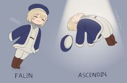 1girl :3 blonde_hair blue_hat blue_jacket boots brown_footwear closed_eyes commentary dungeon_meshi english_commentary falin_touden falin_touden_(tallman) floating hat jacket medium_hair motion_lines pencilman_draws pun unworn_hat unworn_headwear