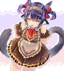 Rule 34 | 1girl, animal ears, apron, arm garter, arms behind back, ascot, bare shoulders, black hair, blush, breasts, brown apron, brown dress, buttons, cat ears, cat girl, colored inner hair, commentary request, cosplay, cowboy shot, crop top, detached collar, double-breasted, dress, extra ears, fang, frilled wrist cuffs, frills, gloves, hairband, highres, horse ears, kiyama satoshi, kuroike momimi, large breasts, leaning forward, looking at viewer, mihono bourbon (code:glassage) (umamusume), mihono bourbon (umamusume), mihono bourbon (umamusume) (cosplay), multicolored hair, open mouth, parted hair, purple hair, red ascot, short dress, short twintails, sleeveless, sleeveless dress, solo, twintails, umamusume, virtual youtuber, waist apron, white gloves, wide hips, wrist cuffs, yellow eyes