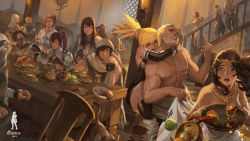 6+boys 6+girls abs apple arm_behind_head armband armor artist_name bad_id bandages bare_pectorals bare_shoulders barrel basket blonde_hair book boots bowl bra bracelet bread brown_eyes brown_hair candle candle_wax candlelight candlestand cape capelet chair cheering chicken_(food) circlet clenched_teeth closed_eyes coin collarbone column cup dark_skin dutch_angle earrings eating fighting food fruit gisuka_yan glasses grey_eyes hand_on_own_hip head_rest highres indoors jewelry jug_(bottle) long_hair mask multiple_boys multiple_girls muscular navel ninja one_eye_closed open_mouth pauldrons pectorals pillar pitcher_(container) plate ponytail red_hair scar scimitar screaming short_hair shoulder_armor shoulder_blades side_ponytail smile smirk spilling spoon sword table tail tattoo tavern tears teeth the_war_of_genesis torn_clothes tray unamused underwear watermelon wavy_hair weapon white_hair yellow_eyes