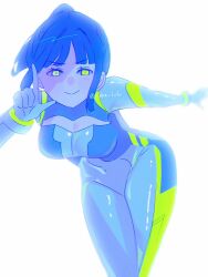 Rule 34 | 1girl, arms up, bent over, blue bodysuit, blunt sidelocks, bodysuit, breasts, cleavage, cleavage cutout, clothing cutout, commentary request, covered navel, cowboy shot, design speculation, green eyes, highres, kzkz lvlv, l hand, link! like! love live!, love live!, medium breasts, momose ginko, outstretched arm, ponytail, short hair, sidelocks, simple background, solo, standing, twitter username, virtual youtuber, white background