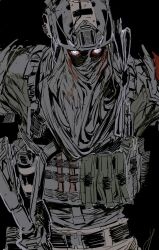 1boy ammunition_belt belt belt_buckle black_background black_belt blood blood_on_clothes buckle call_of_duty call_of_duty:_modern_warfare_2 commentary cowboy_shot english_commentary explosive grenade hallot helmet highres holster konig_(call_of_duty) looking_at_viewer male_focus mask pants shoulder_belt sketch solo tactical_clothes white_eyes