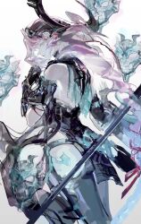 1girl absurdres armored_gloves bare_shoulders black_gloves braid cape feet_out_of_frame floating_mask from_behind gloves green_cape halo halo_behind_head headgear highres holding holding_weapon ishmael_(pgr) long_hair looking_at_viewer looking_back mask mechanical_halo oni_mask parted_lips pink_hair polearm profile punishing:_gray_raven short_cape solo very_long_hair weapon white_eyes zhnjicis1676071