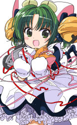 Rule 34 | 1girl, anzu yoshihiro, apron, bell, blush, cat tail, dejiko, di gi charat, dice, dot nose, green hair, highres, jingle bell, looking at viewer, mittens, open mouth, puffy short sleeves, puffy sleeves, short sleeves, simple background, solo, sparkle, streamers, tail, white apron, white background, white mittens
