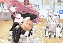 2girls 3_iq_tuna absurdres anger_vein arknights ball basketball basketball_(object) basketball_court black_boots black_corset black_gloves black_skirt blue_archive boots breasts brown_dress commentary corset dress english_commentary gameplay_mechanics gloves halo highres himari_(blue_archive) holding holding_ball indoors large_breasts lemuen_(arknights) long_hair motion_lines multicolored_halo multiple_girls pink_eyes pink_hair playing_sports pointy_ears skirt speed_lines thighs trait_connection two-tone_halo very_long_hair wheelchair white_eyes white_hair