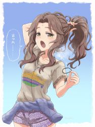 1girl :d ariura_kanna arm_up brown_hair curtained_hair highres hippie idolmaster idolmaster_cinderella_girls looking_at_viewer open_mouth outdoors parted_bangs ponytail smile solo source_request sweat swimsuit unyon