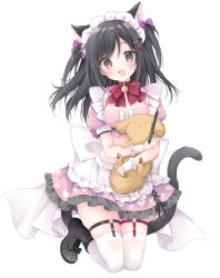 1girl animal_ear_fluff animal_ears apron bell black_hair black_skirt blush bow breasts brown_eyes cat_ears cat_girl cat_tail cleavage cleavage_cutout clothing_cutout cropped_shirt frills garter_straps hair_bow hair_ornament headdress heart highres holding korie_riko long_hair looking_at_viewer maid maid_headdress medium_breasts midriff neck_bell open_mouth original pink_shirt pink_skirt red_bow ribbon shirt shoes simple_background skirt smile solo tail thigh_strap thighhighs white_apron white_background white_thighhighs white_wrist_cuffs wrist_cuffs