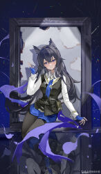 Rule 34 | 1girl, absurdres, animal ear piercing, animal ears, arknights, bilibili logo, black hair, black pantyhose, black vest, blue gloves, blue shorts, chinese commentary, clip studio paint (medium), closed mouth, collared shirt, commentary request, crossed bangs, feet out of frame, fingerless gloves, gloves, hair between eyes, hair intakes, hand up, head tilt, highres, lens flare, light blush, long hair, long sleeves, official alternate costume, orange eyes, pantyhose, picture frame, pouch, purple eyes, shirt, shorts, smile, solo, standing, tan ji shi mi shou, texas (arknights), texas the omertosa (arknights), vest, watermark, white shirt, wolf ears, wolf girl