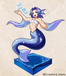 1girl arm_up blue_eyes blue_hair blue_tail breasts commentary commentary_request fins haniyama_kurofo head_fins highres mermaid monster_girl music musical_note navel original short_hair signature simple_background singing small_breasts standing standing_on_liquid stomach strapless tube_top white_tube_top