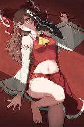 1girl absurdres ascot barefoot bow breasts brown_eyes brown_hair closed_mouth commentary detached_sleeves frilled_bow frilled_hair_tubes frills gohei hair_bow hair_tubes hakurei_reimu highres holding holding_gohei iliketequila long_hair lying midriff navel on_back red_bow red_skirt ribbon-trimmed_sleeves ribbon_trim skirt skirt_set solo toes touhou yellow_ascot