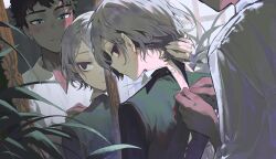 Rule 34 | 2boys, absurdres, bags under eyes, blue eyes, blush, buttoning, collared shirt, curly hair, dark-skinned male, dark skin, dressing another, dungeon meshi, elf, green shirt, grey hair, highres, holding, holding own hair, indoors, kabru, long sleeves, looking at another, maratang, mirror, mithrun, multiple boys, plant, pointy ears, reflection, shirt, sweat, wavy hair, white shirt