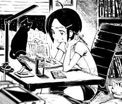 Rule 34 | 1girl, ahoge, artist name, blurry, blurry foreground, blush, book, bookshelf, can, canned coffee, cat, cellphone, chair, commentary, confused, crosshatching, desk, desk lamp, drink can, elbow rest, english commentary, eudetenis, fingernails, from side, greyscale, hair ornament, hairclip, handheld game console, hands up, hatching (texture), highres, holding, holding pencil, indoors, lamp, looking down, mechanical pencil, monochrome, notebook, office chair, on chair, open mouth, original, parted bangs, pencil, phone, phone stand, picture frame, rain, raised eyebrow, reading, shirt, short hair, short shorts, short sleeves, shorts, sitting, smartphone, solo, sweatdrop, swivel chair, t-shirt, window