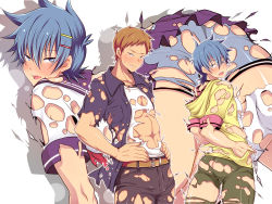2boys abs ass blue_eyes blue_hair blush brown_eyes brown_hair crossdressing hairclip hood hood_down hoodie kugayama_yuuya looking_at_viewer male_focus multiple_boys muscular original projected_inset sakuraprin school_uniform serafuku shindou_kazuma shirt short_hair short_sleeves simple_background t-shirt torn_clothes white_background