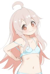 1girl ahoge blue_bra blue_panties blush bra breasts closed_mouth collarbone commentary_request female_focus hair_between_eyes highres loli long_hair looking_at_viewer m-eine navel onii-chan_wa_oshimai! open_bra orange_pupils oyama_mahiro panties pink_hair red_eyes simple_background small_breasts solo spaghetti_strap strap_slip underwear underwear_only upper_body wavy_mouth white_background