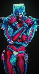 Rule 34 | 1other, armor, black background, blue helmet, bulge, colored skin, cowboy shot, crazy diamond, crossed arms, diamond wa kudakenai, heart ornament, helmet, highres, jojo no kimyou na bouken, lips, looking at viewer, male focus, pink skin, red eyes, solo, spikes, stand (jojo), standing, uu0000322