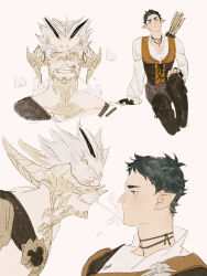 2boys akaashi_keiji alternate_species arrow_(projectile) au_ra black_gloves black_hair blue_eyes bokuto_koutarou brown_horns brown_scales brown_vest chengongzi123 colored_sclera cropped_legs elezen elf final_fantasy final_fantasy_xiv fingerless_gloves gloves grey_hair grey_sclera grin haikyuu!! hand_on_own_knee highres horns jewelry long_sleeves looking_at_another looking_at_viewer looking_to_the_side low_horns male_focus multiple_boys multiple_views necklace pants pointy_ears puff_of_air puffy_long_sleeves puffy_sleeves quiver scales short_hair simple_background sitting smile thick_eyebrows uneven_eyes upper_body very_short_hair vest warrior_of_light_(ff14) yellow_eyes