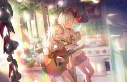 acoustic_guitar bell_pepper black_shorts blonde_hair blue_eyes blue_hair blurry blurry_foreground bob_cut bokeh brown_shirt closed_eyes collared_shirt colored_inner_hair colorfulness_(love_live!) cup depth_of_field diagonal_bangs dress_shirt dutch_angle feet_out_of_frame frying_pan game_cg glasses gradient_hair grey_hair guitar hair_down hair_ornament highres holding holding_cup holding_guitar holding_instrument hood hoodie indoors instrument inverted_bob kettle kitchen layered_sleeves leaning_back light_blue_hair link!_like!_love_live! long_hair long_sleeves love_live! lower_teeth_only magnet mug multicolored_hair official_art open_mouth osawa_rurino oven plaid_clothes plaid_shirt plant potted_plant puffy_long_sleeves puffy_sleeves red_hair refrigerator refrigerator_magnet shirt short_hair short_over_long_sleeves short_sleeves shorts sink smile standing steam stove streaked_hair teeth third-party_source tomato too_many_hair_ornaments virtual_youtuber white-framed_eyewear white_hoodie x_hair_ornament yugiri_tsuzuri