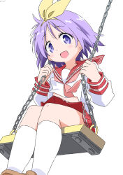 Rule 34 | 1girl, absurdres, bow hairband, commentary request, cynical (llcbluckg c004), from below, hairband, highres, hiiragi tsukasa, looking at viewer, lucky star, midriff, neckerchief, on swing, open mouth, pleated skirt, purple eyes, purple hair, school uniform, serafuku, short hair, sitting, skirt, smile, socks, solo, swing, swinging on swing