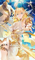 1girl aglaea_(honkai:_star_rail) ancient_greek_clothes bibisuka breasts dress garmentmaker_(honkai:_star_rail) greco-roman_clothes green_eyes highres honkai:_star_rail honkai_(series) large_breasts laurel_crown looking_at_viewer mannequin parted_lips reaching reaching_towards_viewer short_hair solo thigh_strap thread white_dress yellow_nails