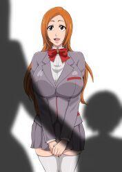 1boy 1girl age_difference ass bleach bleach:_sennen_kessen-hen breasts cheating_(relationship) curvy female_focus highres huge_ass huge_breasts inminent_sex inoue_orihime iwao178 large_breasts long_hair netorare orange_hair school school_uniform shorts smile solo thick_thighs thighs wide_hips