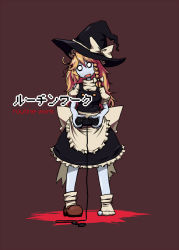 1girl awa_(bihidasu) blonde_hair bow braid brown_background controller cover cover_page dress empty_eyes english_text female_focus frilled_dress frills game_console hair_bow hat hat_bow hat_ribbon head_tilt holding joystick kirisame_marisa long_hair open_mouth pale_skin playstation_2 puffy_sleeves ribbon shoes short_sleeves simple_background single_shoe socks solo standing torn_clothes torn_socks touhou unplugged white_socks witch_hat zombie