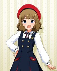 1girl :d beret black_dress blunt_bangs blush brown_hair buttons collar collared_shirt cowboy_shot diagonal-striped_ribbon dot_nose dress elementary_schoolmate_(idolmaster) emblem eyelashes hand_on_own_hip hat idolmaster idolmaster_million_live! idolmaster_million_live!_theater_days long_sleeves looking_at_viewer medium_hair neck_ribbon official_alternate_costume official_art open_mouth pinafore_dress pocket red_hat ribbon round_collar shirt sleeveless sleeveless_dress smile solo suou_momoko wavy_hair white_collar