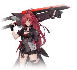 Rule 34 | 1girl, asymmetrical gloves, black gloves, black jacket, black shorts, breasts, cleavage, closed mouth, collar, cropped jacket, eyepatch, fingerless gloves, gloves, greatsword, holding, holding sword, holding weapon, huge weapon, jacket, long hair, looking at viewer, medium breasts, mole, official art, over shoulder, ponytail, pouch, red eyes, red hair, roland (starward), short shorts, short sleeves, shorts, simple background, single thighhigh, solo, starward, sword, thighhighs, transparent background, very long hair, weapon, weapon over shoulder, white background