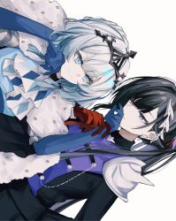 Rule 34 | 2girls, absurdres, alternate costume, argyle clothes, arm behind back, armor, ascot, black cape, black hair, black jacket, black skirt, black tiara, blue dress, blue eyes, blue gloves, blue hair, blunt bangs, cape, cerydra (honkai: star rail), closed mouth, collared dress, colored inner hair, diamond-shaped pupils, diamond (shape), dress, earrings, elbow gloves, fur-trimmed cape, fur trim, gloves, gradient hair, hair between eyes, hair ornament, hand on own face, hands up, highres, holding hands, honkai: star rail, honkai (series), hysilens (honkai: star rail), jacket, jewelry, kiss, kissing hand, long hair, long sleeves, looking at another, military jacket, military uniform, multicolored hair, multiple girls, open mouth, pearl earrings, puffy short sleeves, puffy sleeves, purple eyes, purple hair, red gloves, ritzchrono, short hair, short sleeves, shoulder armor, sidelocks, simple background, single earring, skirt, smile, symbol-shaped pupils, tiara, white ascot, white background, white hair, yuri