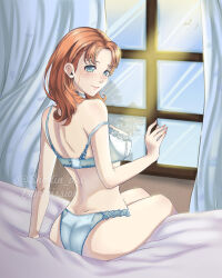 1girl annette_fantine_dominic annette_fantine_dominic_(timeskip) aqua_eyes artist_name ass back bare_shoulders bra breasts closed_mouth female_focus fingernails fire_emblem fire_emblem:_three_houses highres indoors lace lace-trimmed_bra lace-trimmed_panties lace_trim large_breasts light_blush lingerie looking_at_viewer looking_back medium_hair nintendo on_bed orange_hair panties pinkuna shadin_art sitting solo underwear window