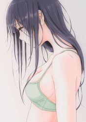 Rule 34 | 1girl, absurdres, bbmasa, black hair, bra, breasts, cleavage, commentary request, from side, gradient background, green bra, grey background, hibike! euphonium, highres, liz to aoi tori, long hair, medium breasts, profile, red eyes, solo, underwear, underwear only, upper body, yoroizuka mizore