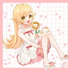 1girl :d bare_shoulders blonde_hair border bow brown_eyes commentary_request donut dress fang floral_background food full_body grid_background halter_dress halterneck holding holding_food hugging_own_legs knees_up long_hair looking_at_viewer monogatari_(series) open_mouth oshino_shinobu pink_border red_bow rino_cnc sandals sitting smile solo very_long_hair white_background white_dress white_sandals