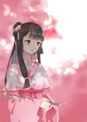 Rule 34 | 1girl, absurdres, black hair, blunt bangs, blunt tresses, braid, branch, bug, butterfly, character request, cherry blossoms, chinese clothes, commentary request, cowboy shot, day, dot nose, expressionless, eyelashes, flower, hair bun, hair flower, hair ornament, hair ribbon, hair tubes, hanfu, highres, holding, holding branch, insect, kirina zero, layered sleeves, long hair, long sleeves, looking at animal, miracle nikki, nikki (series), outdoors, parted lips, pink butterfly, pink eyes, pink flower, pink hanfu, pink ribbon, pink sash, pink theme, ribbon, sash, short over long sleeves, short sleeves, side braid, single braid, single hair tube, single side bun, single sidelock, sky, solo, spring (season), standing, straight hair, tree, very long hair, waist sash, white sky, wide sleeves