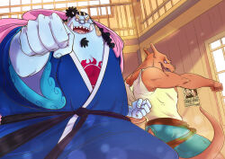 1boy black_hair blue_kimono blue_skin character_request chest_tattoo clenched_hand colored_skin commentary commission cowboy_shot facial_hair goatee half_updo indoors japanese_clothes jinbe_(one_piece) kimono konnybee long_hair male_focus one_piece sash sharp_teeth smile tattoo teeth tusks wanted_poster wide_sleeves