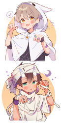 2boys :p absurdres armband arms_up artist_name bandages bandaid bandaid_on_arm bandaid_on_finger ben-day_dots black_armband black_shirt blush brown_eyes child commentary_request crescent cropped_torso dai_(far_tarooo) dated double-parted_bangs facial_mark far_tarooo ghost_costume green_eyes grey_hair hair_between_eyes halloween halloween_costume highres hood hood_up horns looking_to_the_side male_focus multiple_boys mummy mummy_costume musical_note orange_eyes original parted_lips rotto_(far_tarooo) screentones shirt short_sleeves sideways_glance speech_bubble spider_web_print spoken_musical_note star_(symbol) tongue tongue_out white_horns white_shirt wide_sleeves