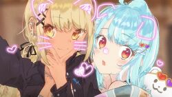 2girls ahoge barbell_piercing black_choker black_jacket blonde_hair blue_hair bossun_(laetus) breasts choker cleavage close-up commentary creature drawn_ears drawn_whiskers ear_piercing earrings fingernails hair_ornament hair_ribbon hairpin hashtag-only_commentary heart heart_hair_ornament industrial_piercing jacket jewelry kaminari_qpi kaminari_qpi_(3rd_costume) long_fingernails low_twintails multicolored_hair multiple_girls multiple_hairpins necklace off_shoulder open_mouth parted_bangs piercing red_eyes ribbon selfie shiranami_ramune shiranami_ramune_(1st_costume) single_hair_intake streaked_hair symbol-only_commentary tan twintails v v_over_mouth virtual_youtuber vspo! x_hair_ornament yellow_eyes